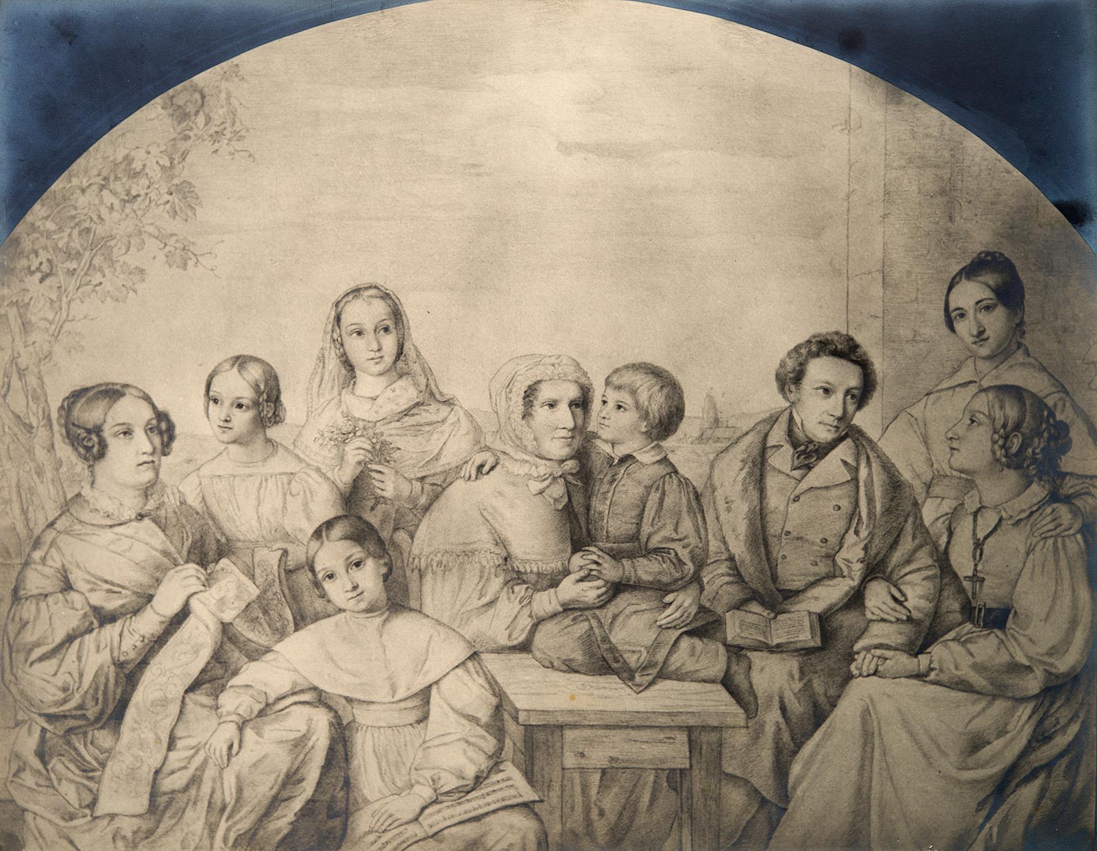 Dorothea Schlegel, surrounded by her grandchildren, her son, the painter Philipp Veit, and his wife Carolina, and her grandchildren.  Drawing by Franz Bretano © private collection.