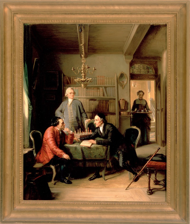Fictional scene showing Lessing and Lavater as guests in the home of Moses Mendelssohn.  Moritz Daniel Oppenheim, 1856, © Judah L. Magnes Museum.